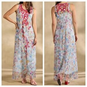 Johnny Was Biya Maxi Dress S Embroidered Mesh Floral Sheer Sleeveless Slip Mazzy